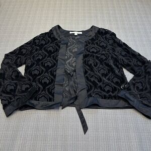 Velvet Burnout Boho Tie Front Jacket Medium Silk Blend Black Sheer Kimono Gothic